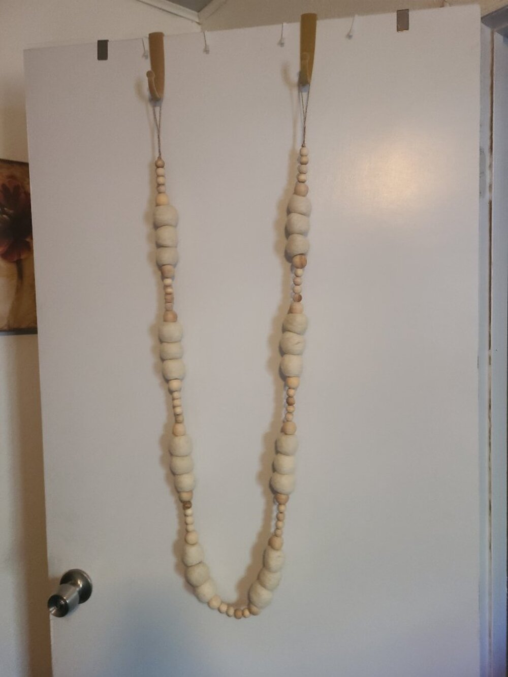 75" Wood Bead & Wool Felt Balls Garland Doorway Length Bohemian Gypsy Nomad